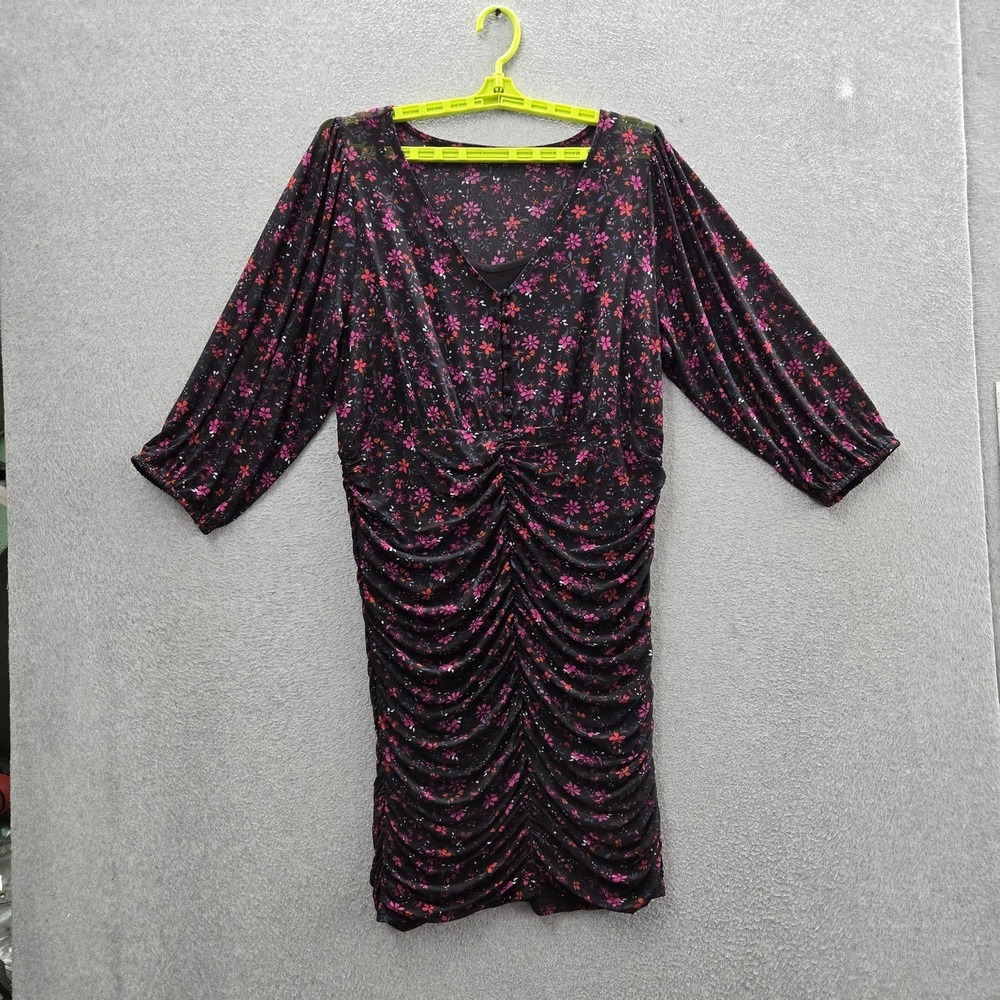 Torrid Women Dress 1 Black Floral Bodycon Ruched Dress Romantic‎ Slim 3/4 Sleeve
